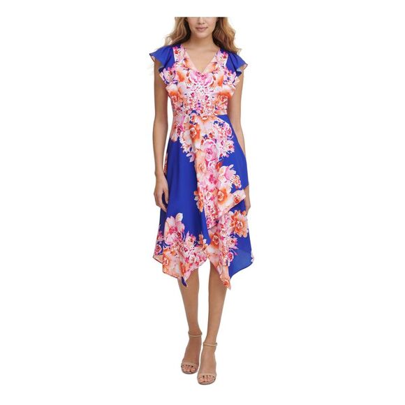 KENSIE DRESSES Blue Flutter Sleeve Midi Dress 8 - Picture 1 of 4